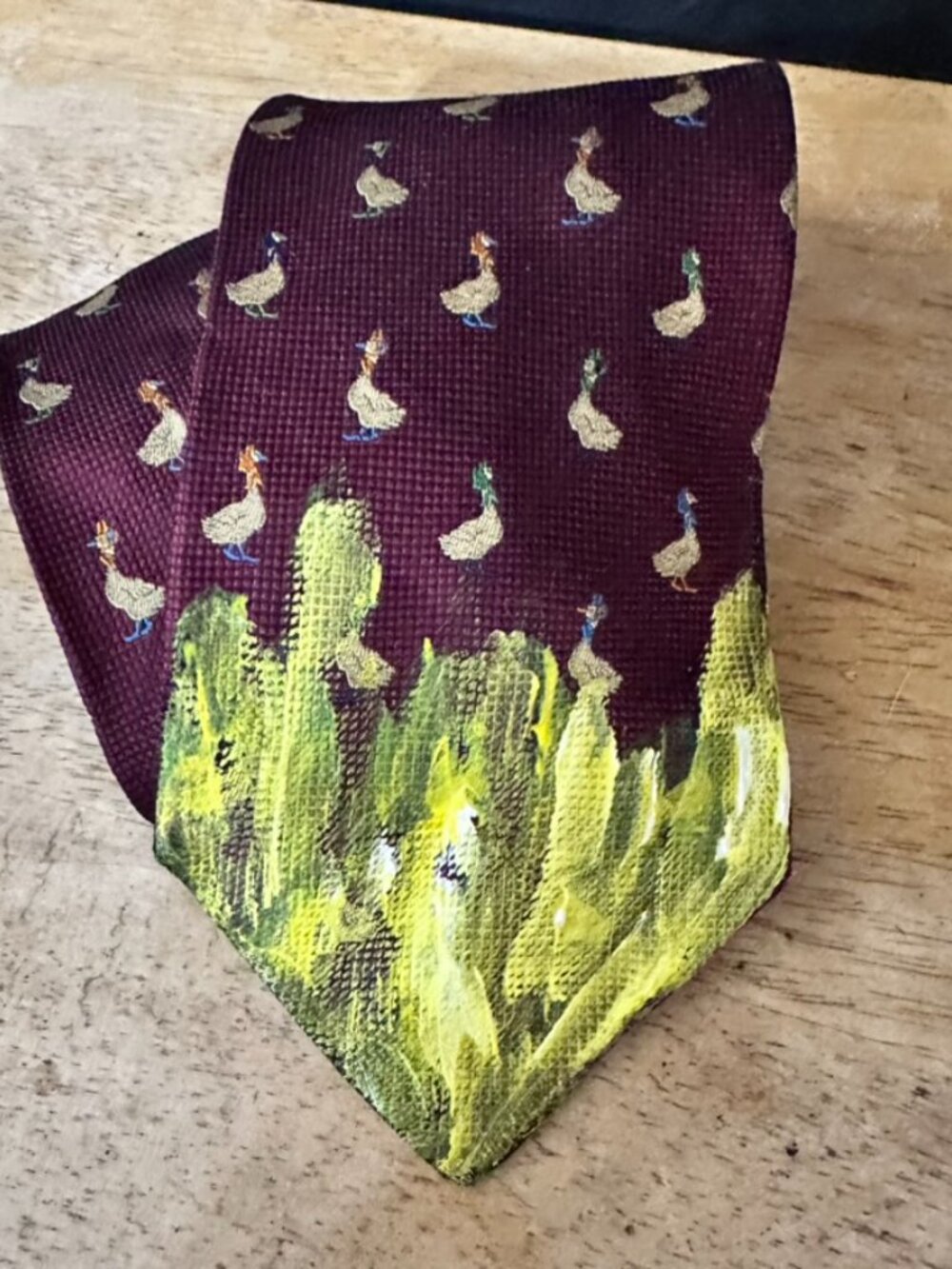 Pancaldi Vintage Geese Newly Upcyled Silk Tie Necktie Painted Maroon Goose Yello